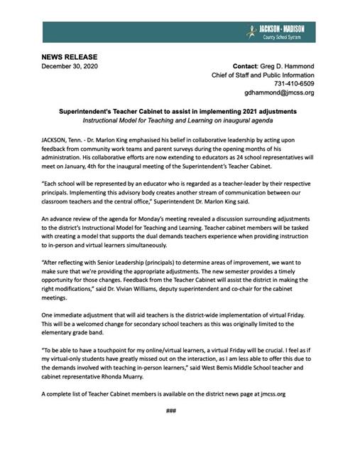 Teacher Cabinet news release 